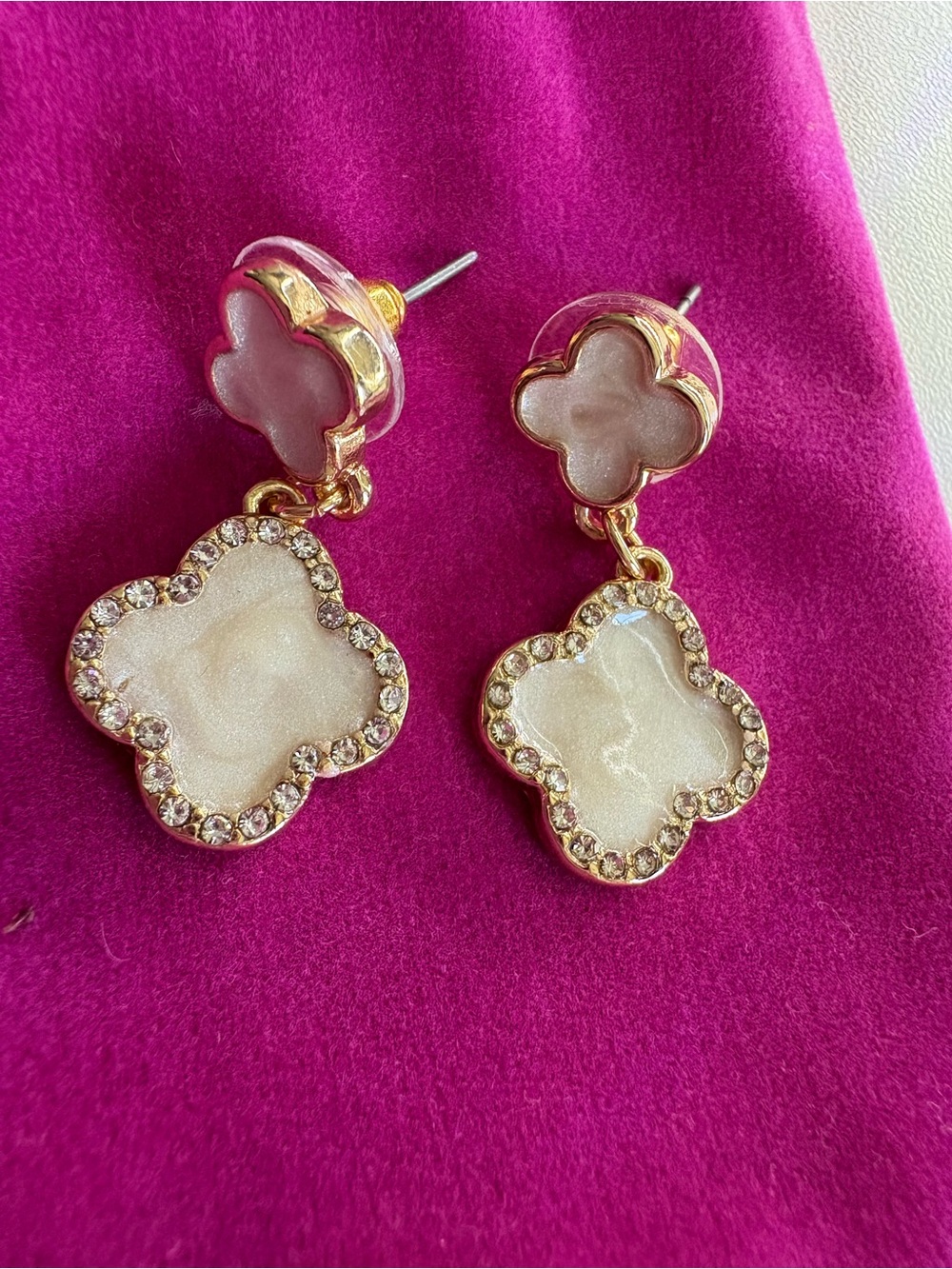 White Gold-Tone Clover Drop Earrings - Picture 2 of 5